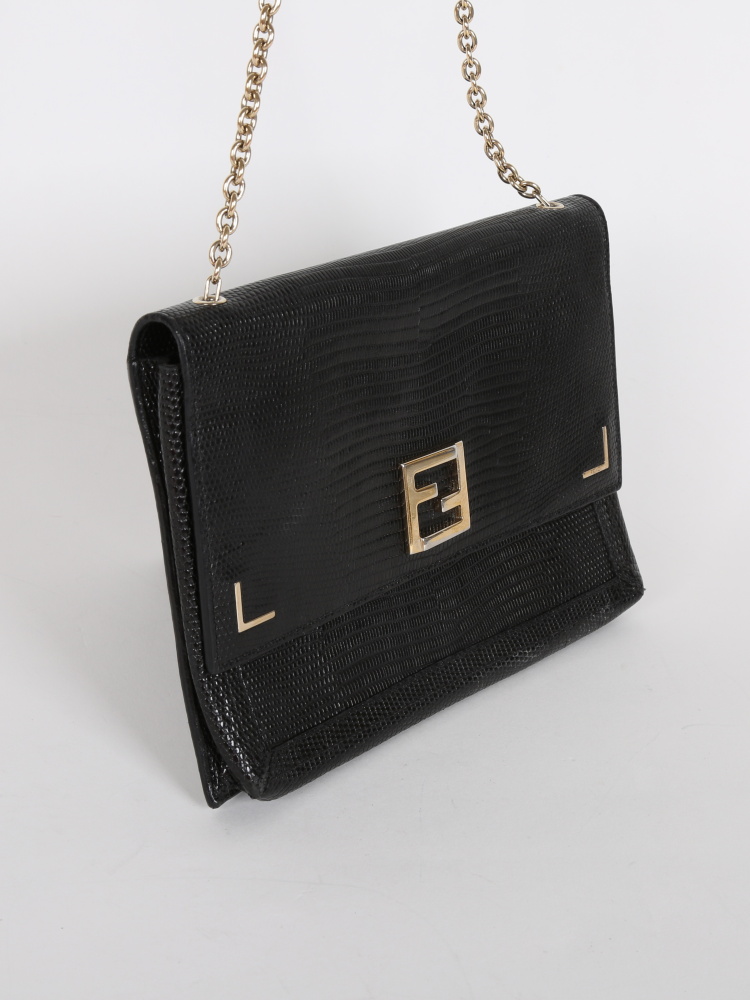 Fendi Beige Lizard Embossed Leather Wallet On Chain Fendi