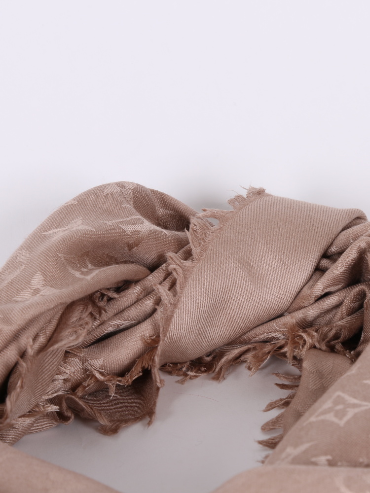 LOUIS VUITTON Silk Wool Monogram Shawl Cappuccino 340183