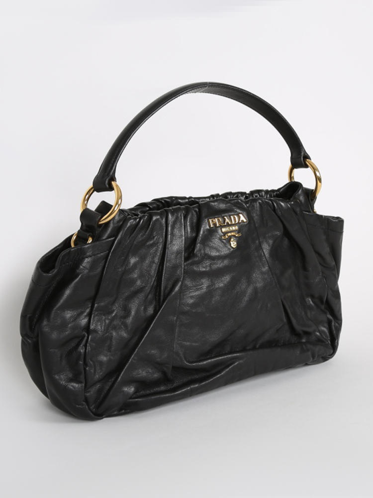 Prada - Black Pleated Leather Hobo Bag 