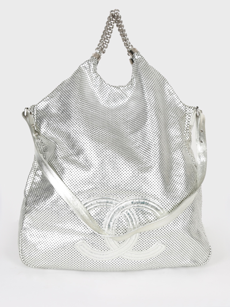 Women's Designer CHANEL Rodeo Drive Fab Silver Perforated Leather Large  Hobo Bag