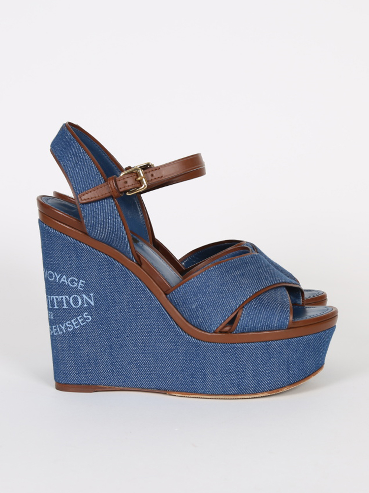 LOUIS VUITTON Monogram Denim Maia Wedge Sandal 37 1292672