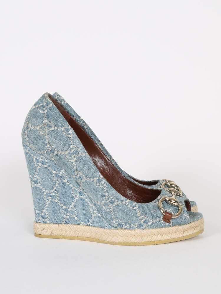 gucci denim wedge heels