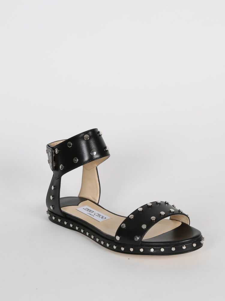 Jimmy Choo Veto Flat Black Leather Studs Sandals 37 www