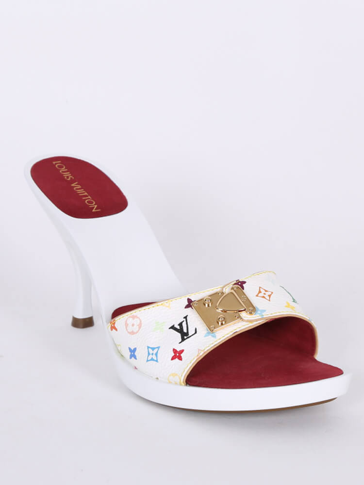 Louis Vuitton White Multicolore Monogram Canvas Kitten Heel Slides