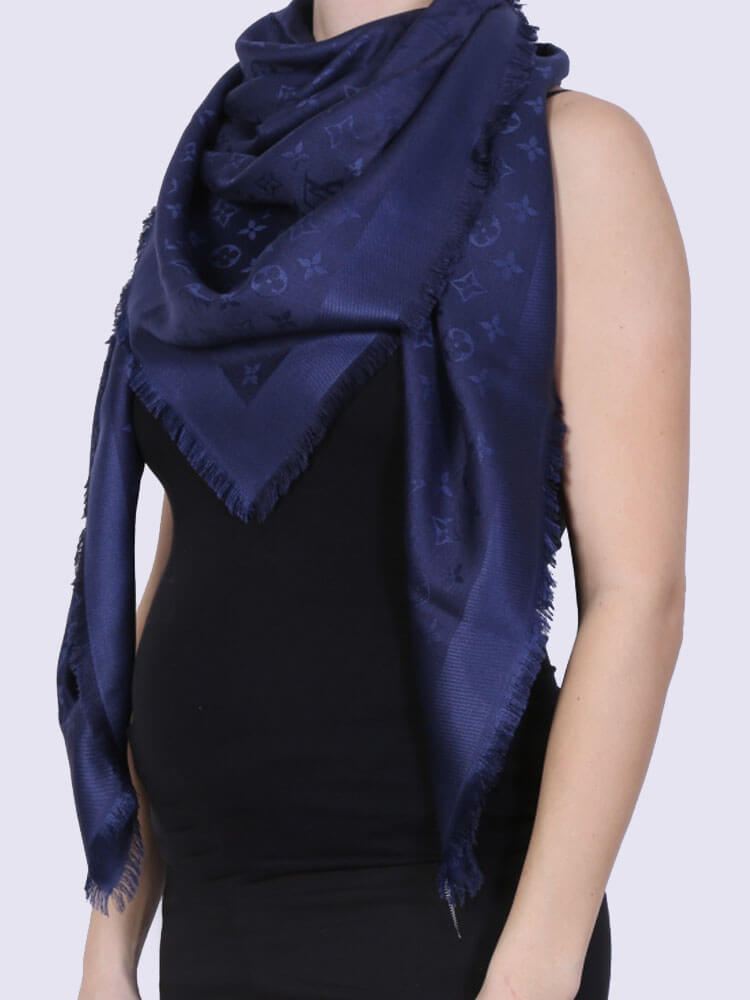 Louis Vuitton Night Blue Monogram Silk/Wool Shawl Scarf - Yoogi's Closet