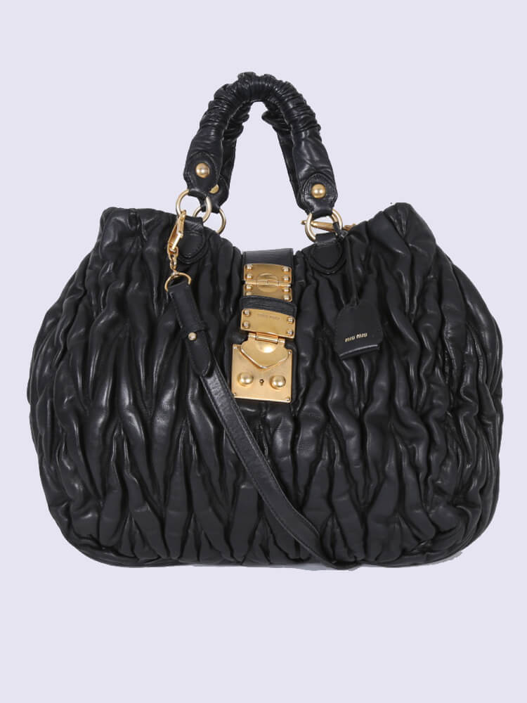 Authentic MIU MIU Top Handle Matelasse Coffer Black Leather Shoulder Bag