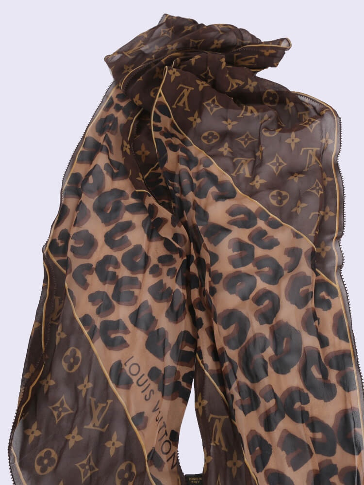 LOUIS VUITTON Silk Crepe Leopard Monogram Scarf 135805