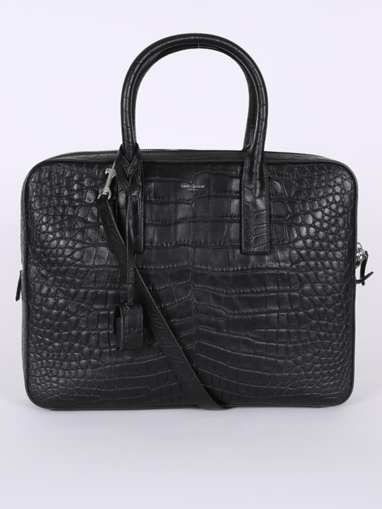 Saint Laurent Museum Crocodile Embossed Leather Briefcase Black