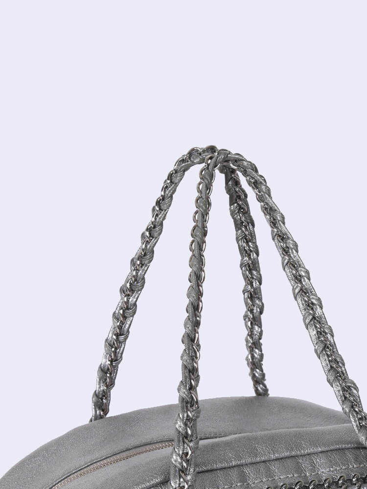 Chanel Metallic Silver Leather Chain Trim Luxe Ligne Bowler Bag Chanel