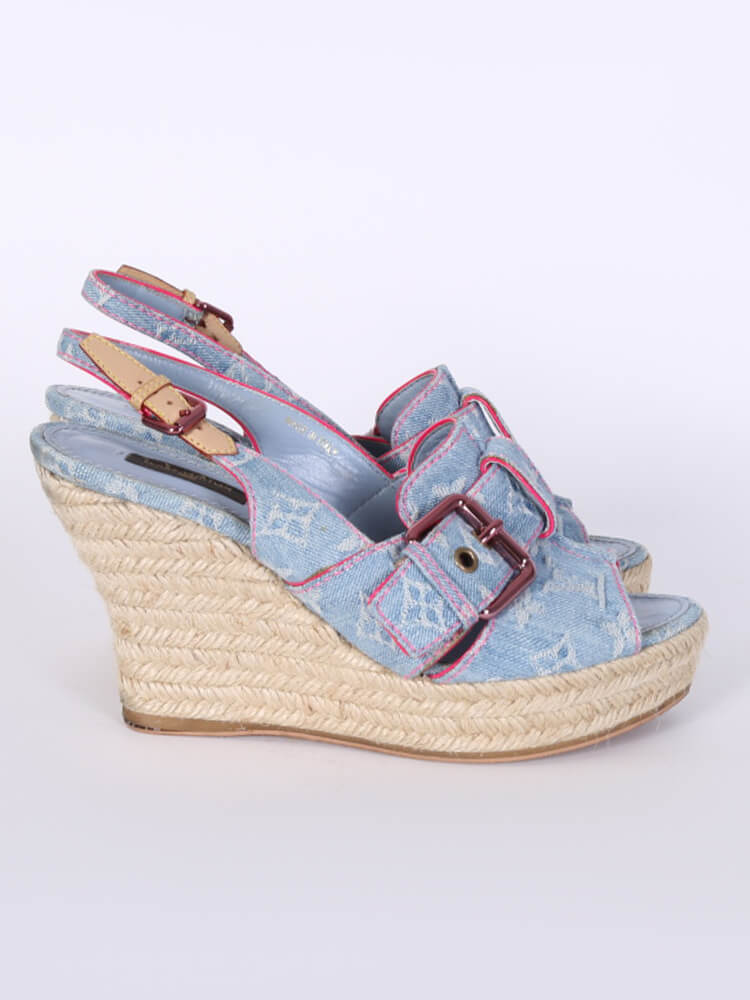 Louis Vuitton - Bleached Monogram Denim Wedge Sandals Blue 39