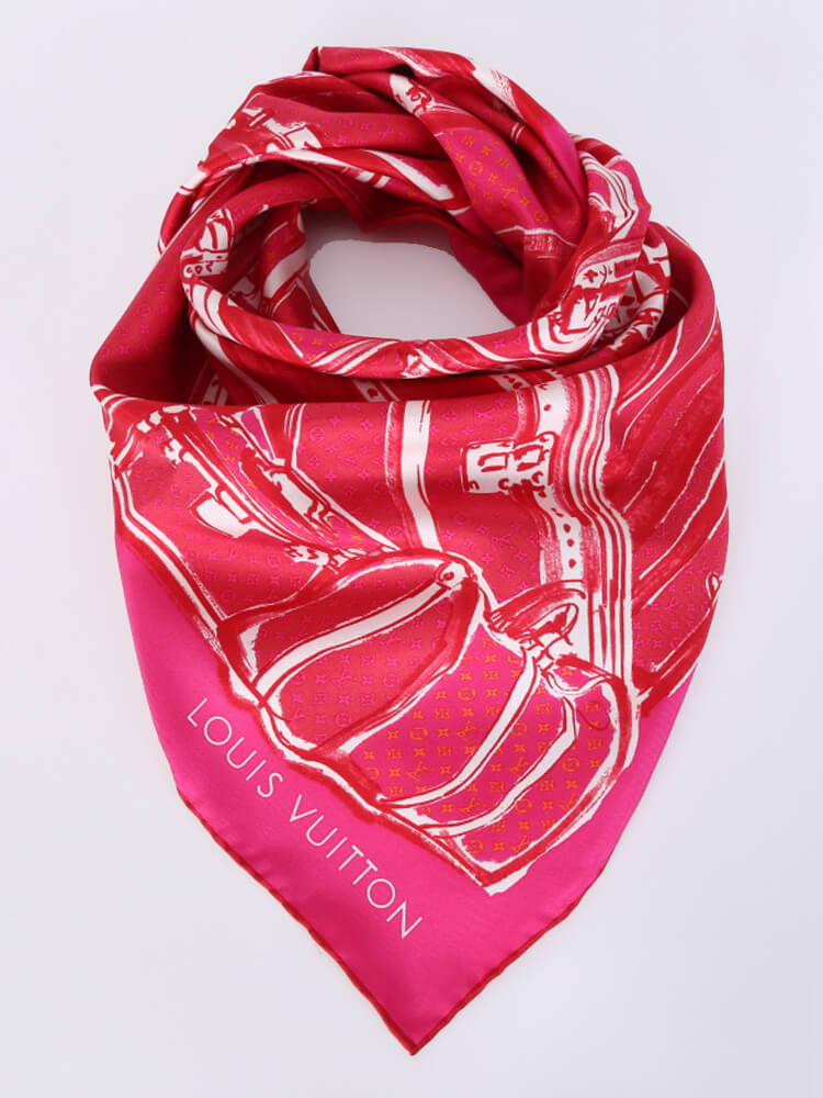 Louis Vuitton Carre Trunk Scarf Monogram Travel Bag Pattern 100% Silk Pink  Red Purple