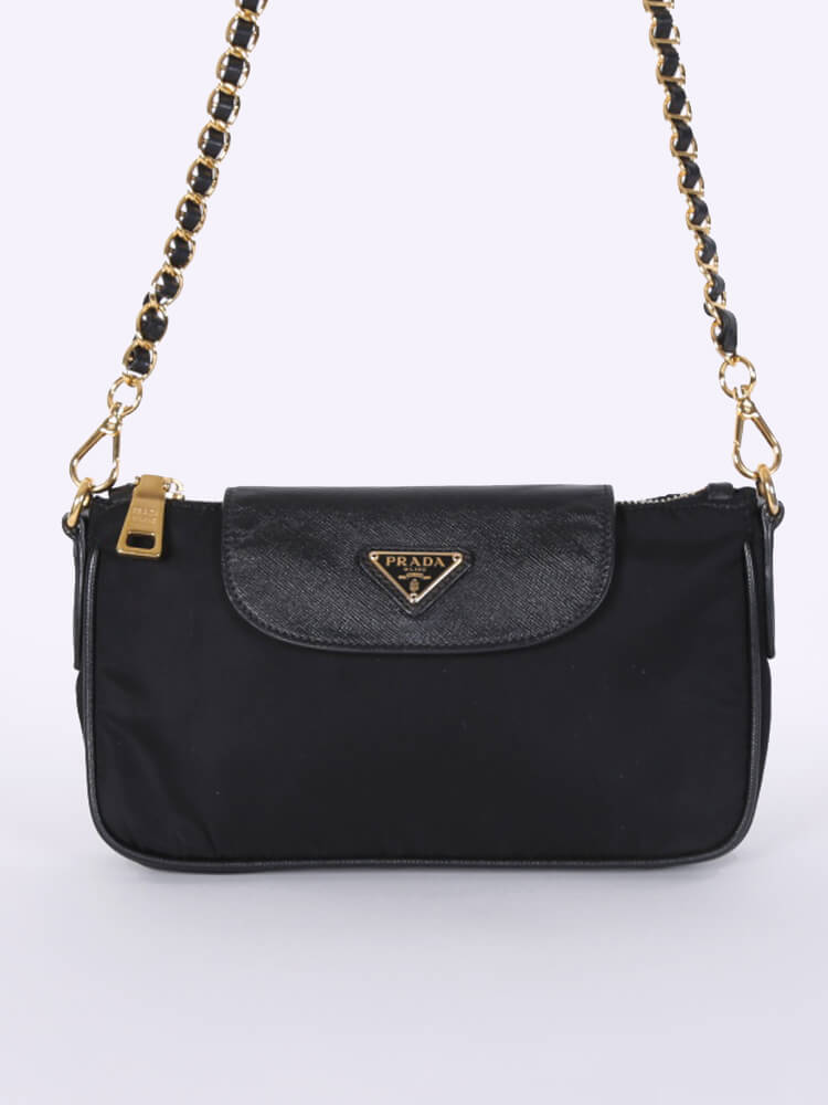 PRADA Bandoliera Tessuto Nylon & Saffiano Chain Bag Nero, Women's