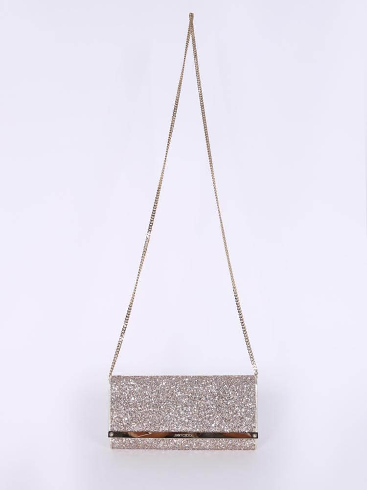 JIMMY CHOO - Black MILLA Lame Glitter Clutch Bag Gold Chain