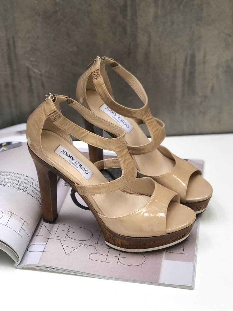 Jimmy Choo Wooden Heel Platform Patent Sandals Beige 40 www