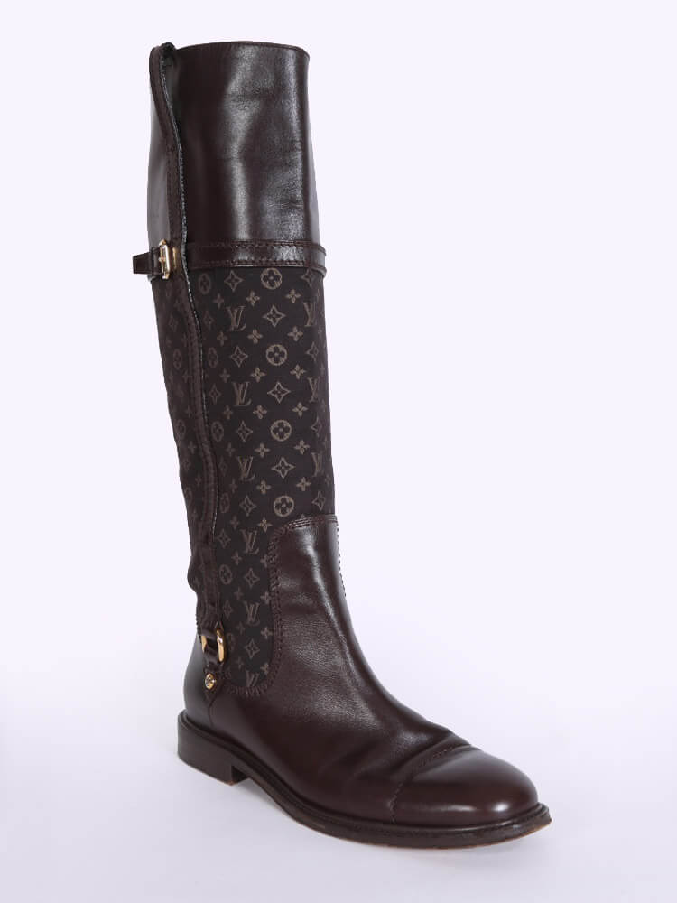 Louis Vuitton Brown Leather And Mini Lin Canvas Barbara Knee Length Boots  Size 40 Louis Vuitton