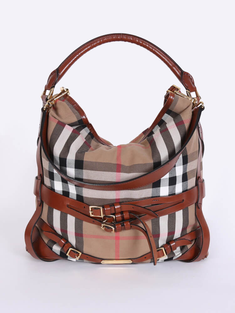 Burberry Gosford House Check Bridle Leather Hobo Bag Brown www