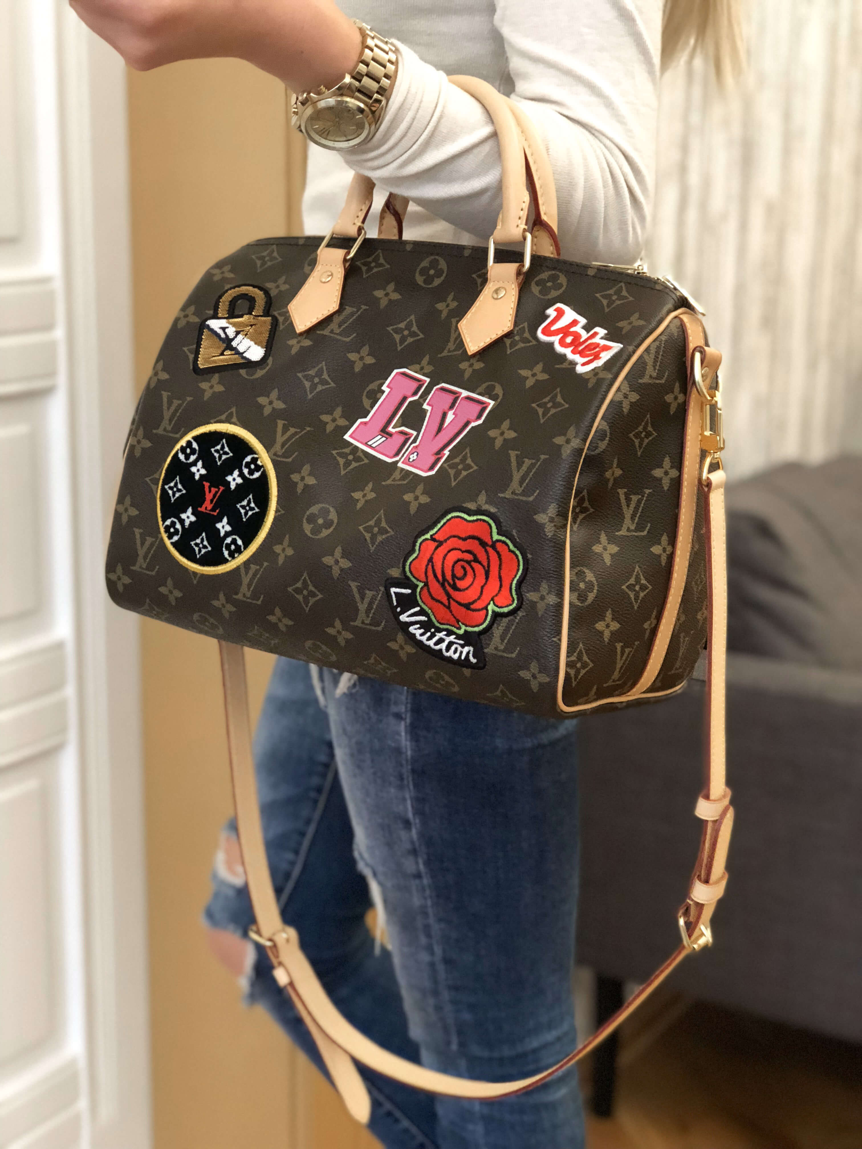 LOUIS VUITTON, PATCHES SPEEDY 30 BANDOULIERE OF DAMIER EBENE CANVAS WITH  POLISHED BRASS HARDWARE, Handbags & Accessories, 2020