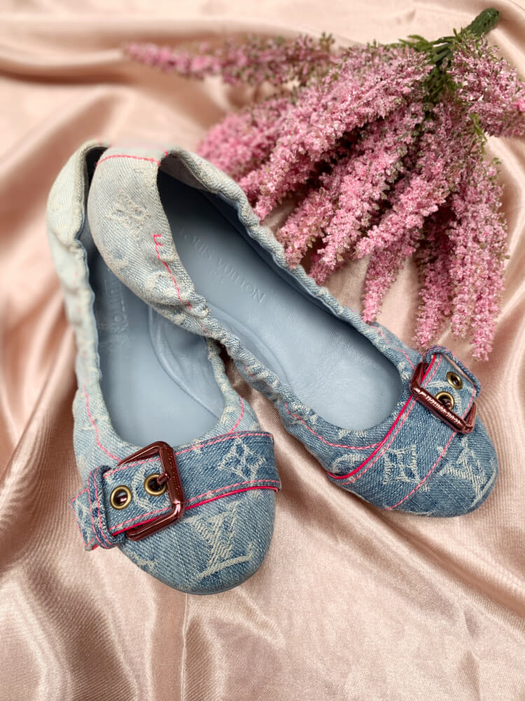 Authentic Louis Vuitton Blue Denim Monogram Bleached Ballet Flats