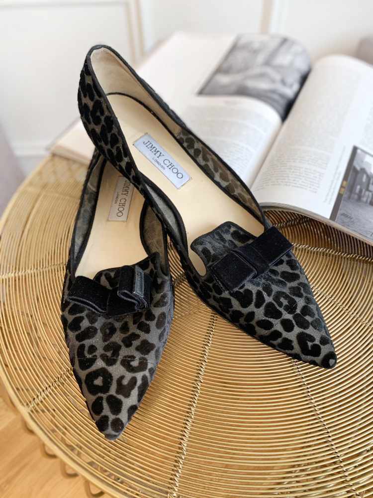 Jimmy Choo Gala Leopard Fabric Pointy Toe Velvet Bow Flats Black 42 www.luxurybags.eu