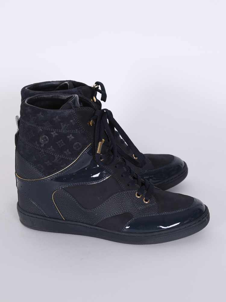 Louis Vuitton Black Leather and Embossed Monogram Suede Cliff Top Sneakers Size 37
