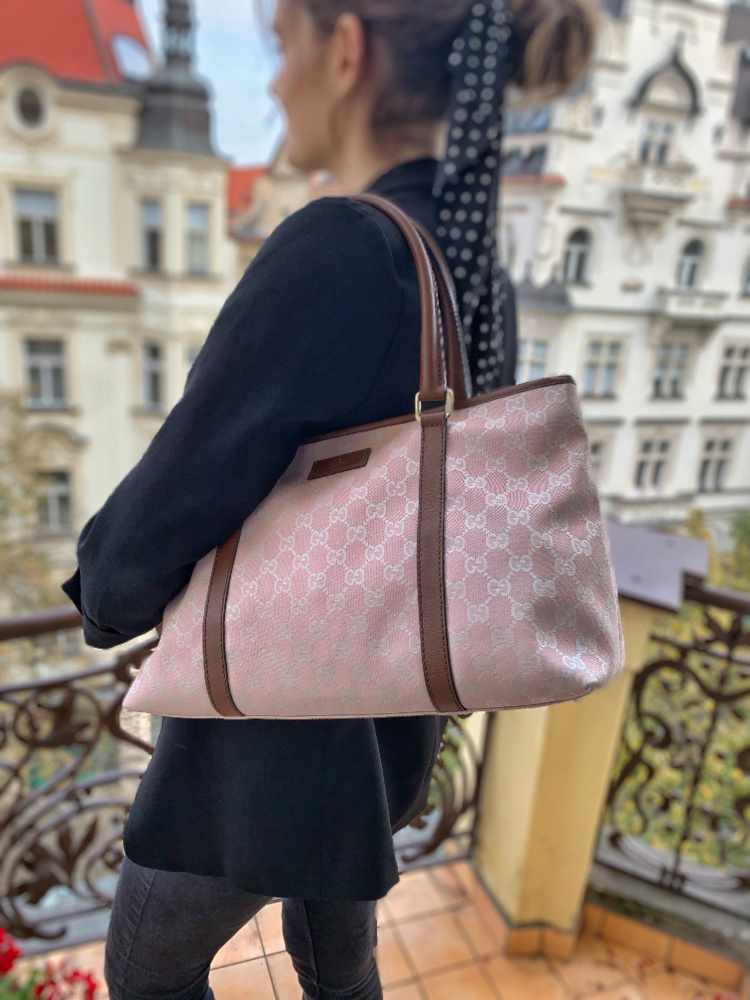 GUCCI GG Canvas Tote Bag Pink Gold Authentic