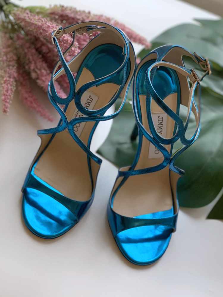 Jimmy Choo Lang 100 Metallic Leather Sandals Blue 37 5 www