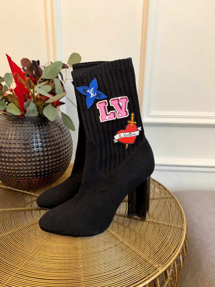 Authentic Louis Vuitton Silhouette Black Fabric LV Logo Sock Boots