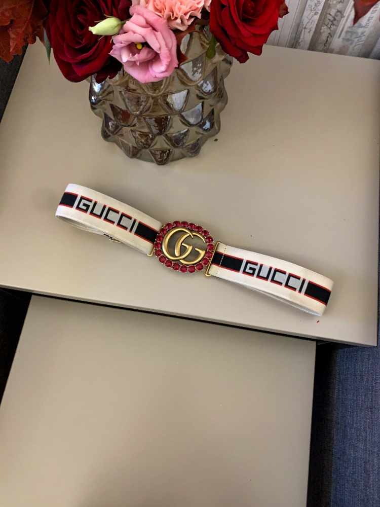 Gucci stripe belt with double g and crystals sale