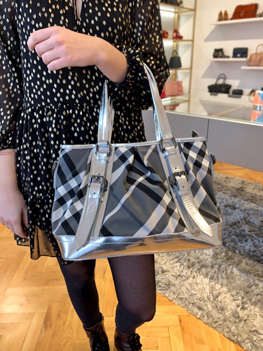 Burberry Plaid Top Handle Bag in White