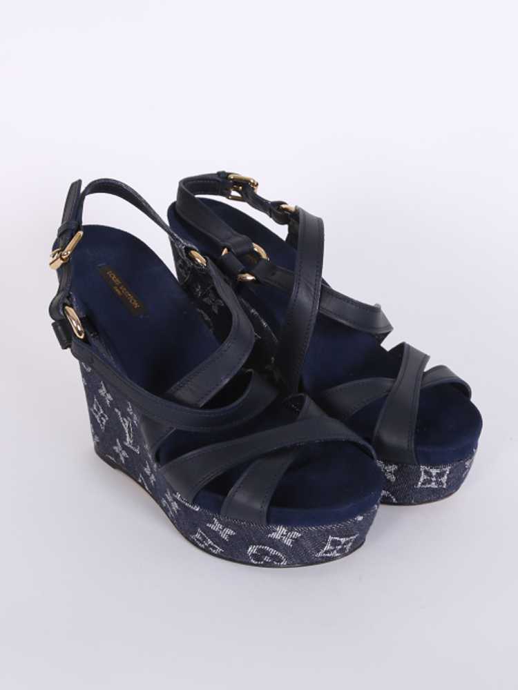 Louis Vuitton, Shoes, Authentic Louis Vuitton Black Denim Monogram Wedge  Bow Sandals Eu 385