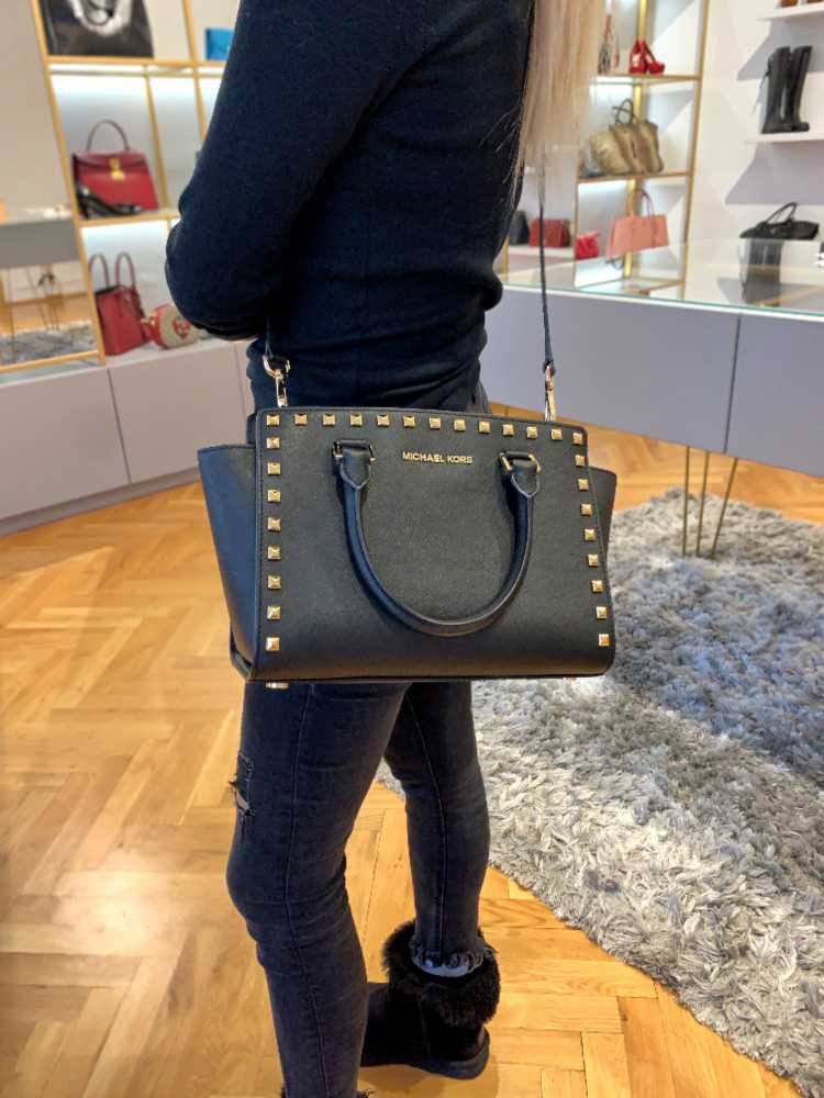 Michael Kors Black Studded Saffiano Leather Selma Crossbody Bag