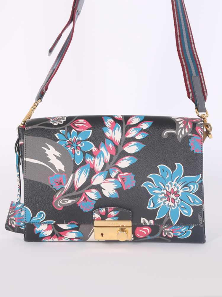 Prada - Flower Print Saffiano Leather Lock Flap Bag Nero