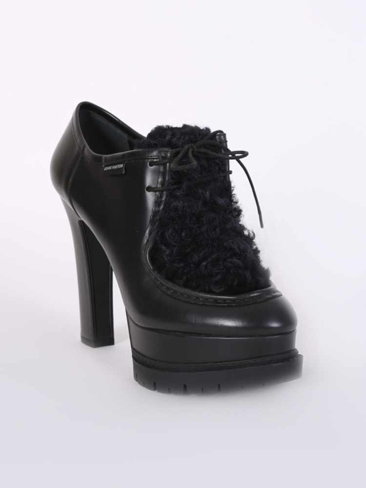 Louis Vuitton - Shearling Leather Lace Up Heel Ankle Boots Black 39