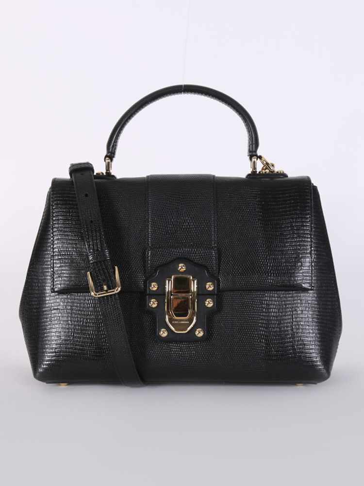 Dolce & Gabbana - Lucia Medium Lizard Embossed Leather Bag with Strap Black  
