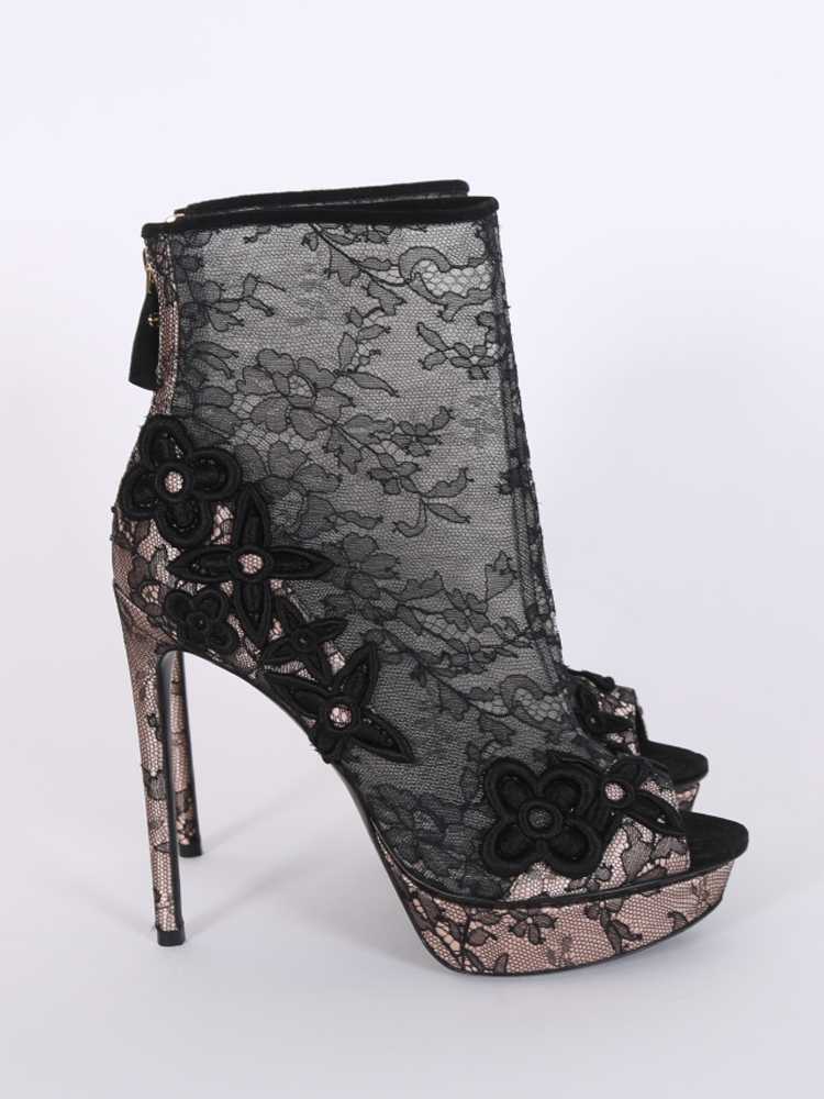 Louis Vuitton - Daring Lace Satin Open Toe Ankle Boots Black/Beige 37