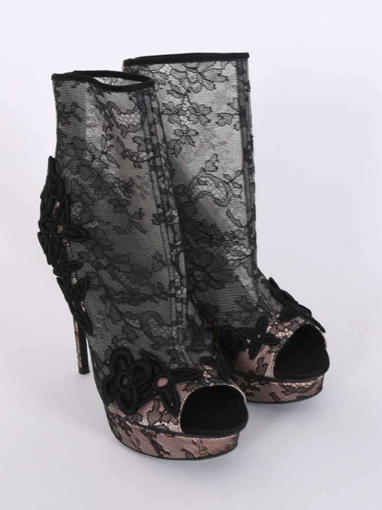 Louis Vuitton - Daring Lace Satin Open Toe Ankle Boots Black/Beige