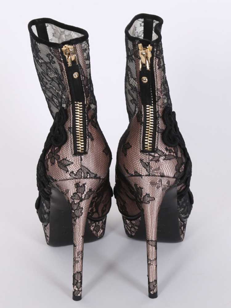 Louis Vuitton - Daring Lace Satin Open Toe Ankle Boots Black/Beige 37