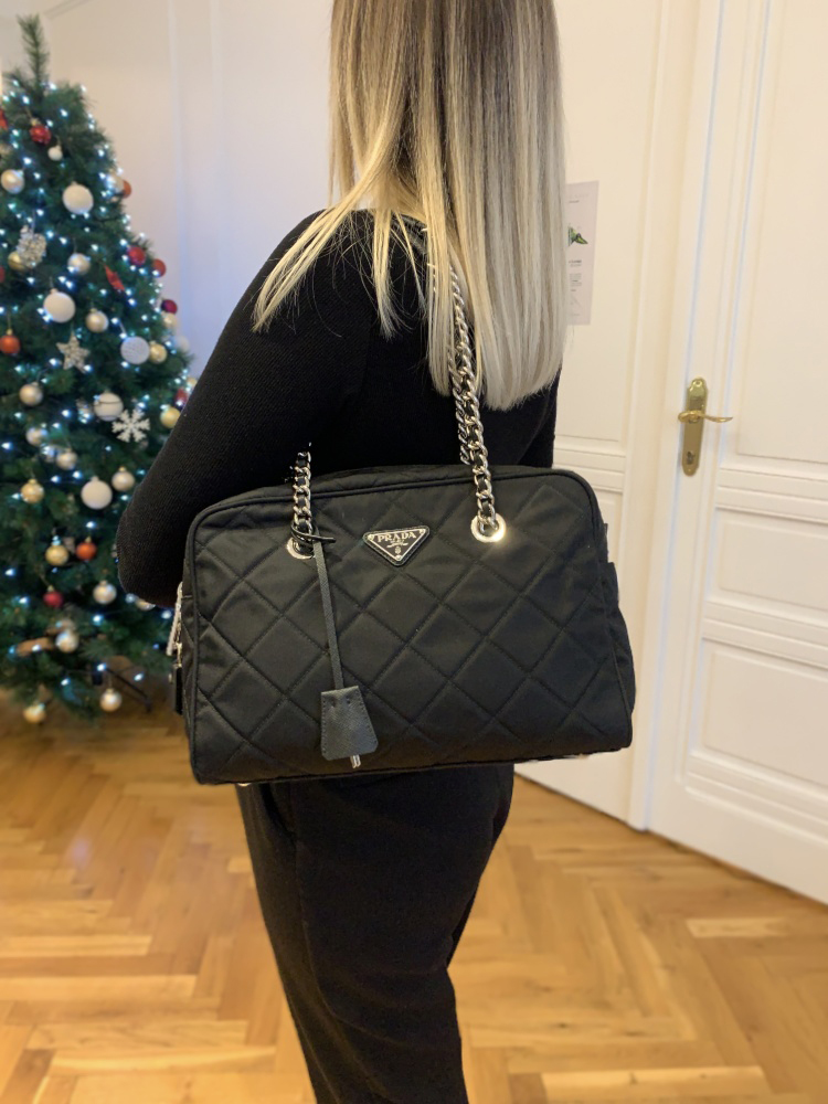 tas shoulder-bag Prada Tessuto Impuntu Nero Black Mini Nylon Shoulder Bag