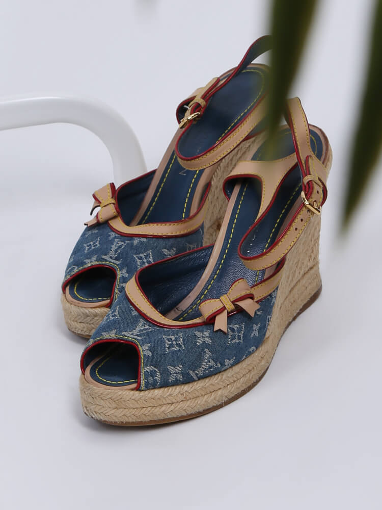 Louis Vuitton - Monogram Denim Bow Wedge Sandals 38