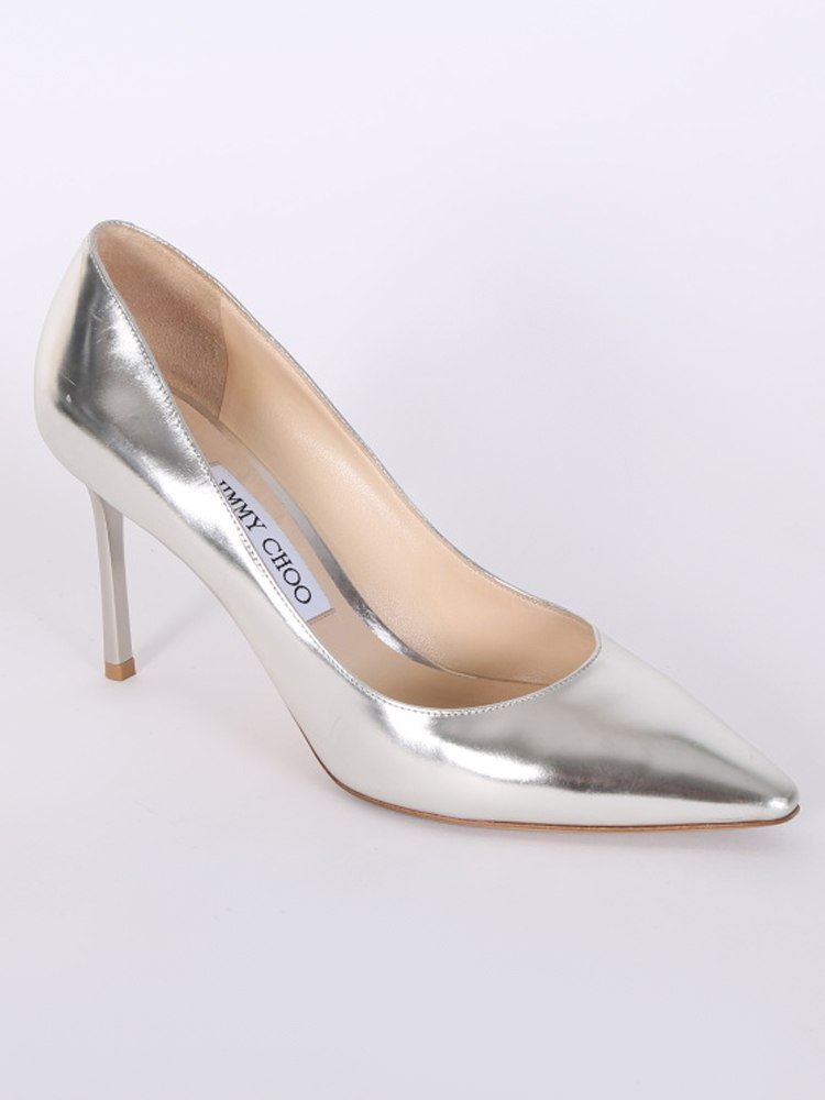 Jimmy Choo Romy 85 Liquid Mirror Leather Pointy Toe Pumps Silver 38 www.luxurybags.eu