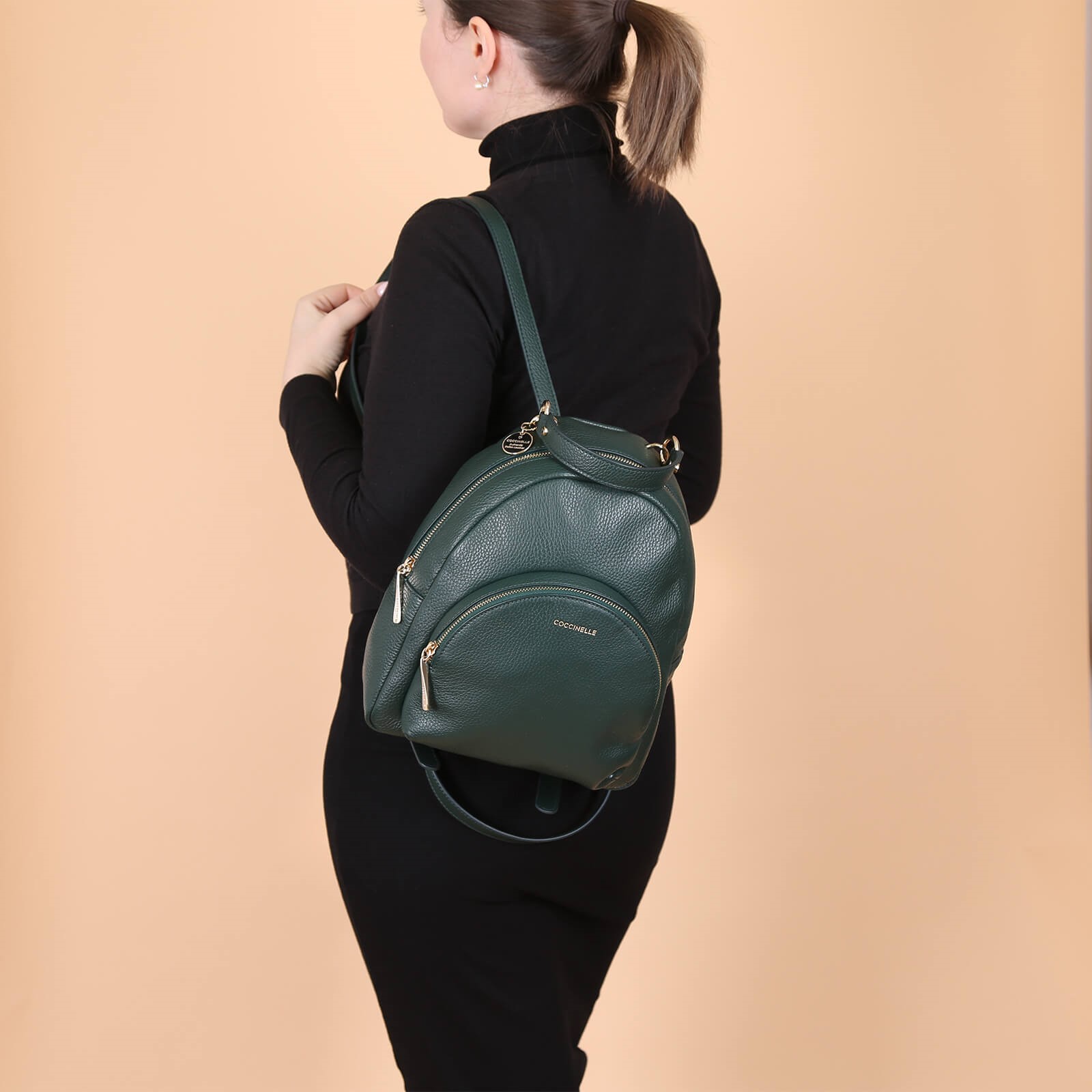 Coccinelle Alpha Leather Backpack Dark Green www.luxurybags.eu