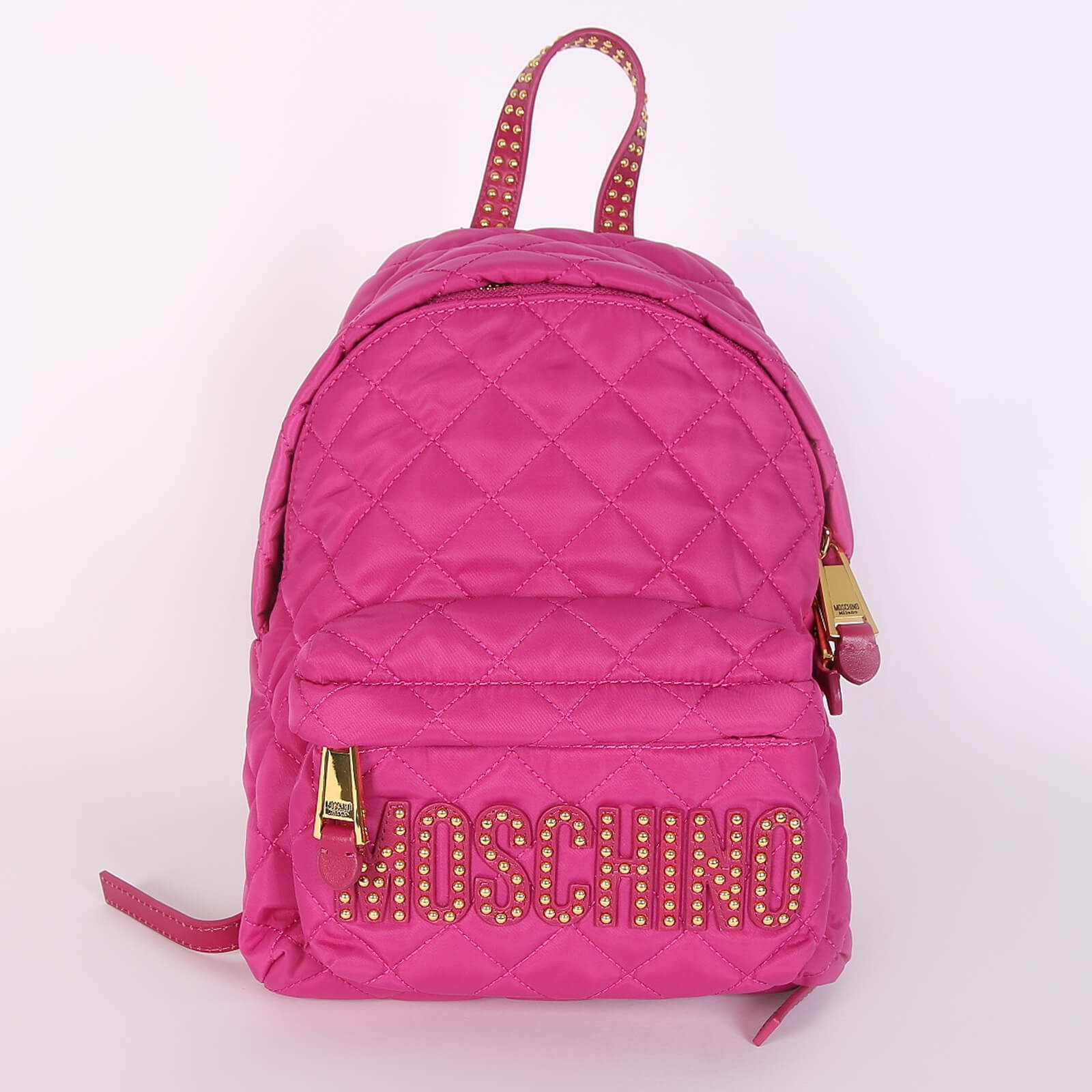 Moschino Studded Logo Quilted Nylon Backpack Fuchsia www.luxurybags.eu