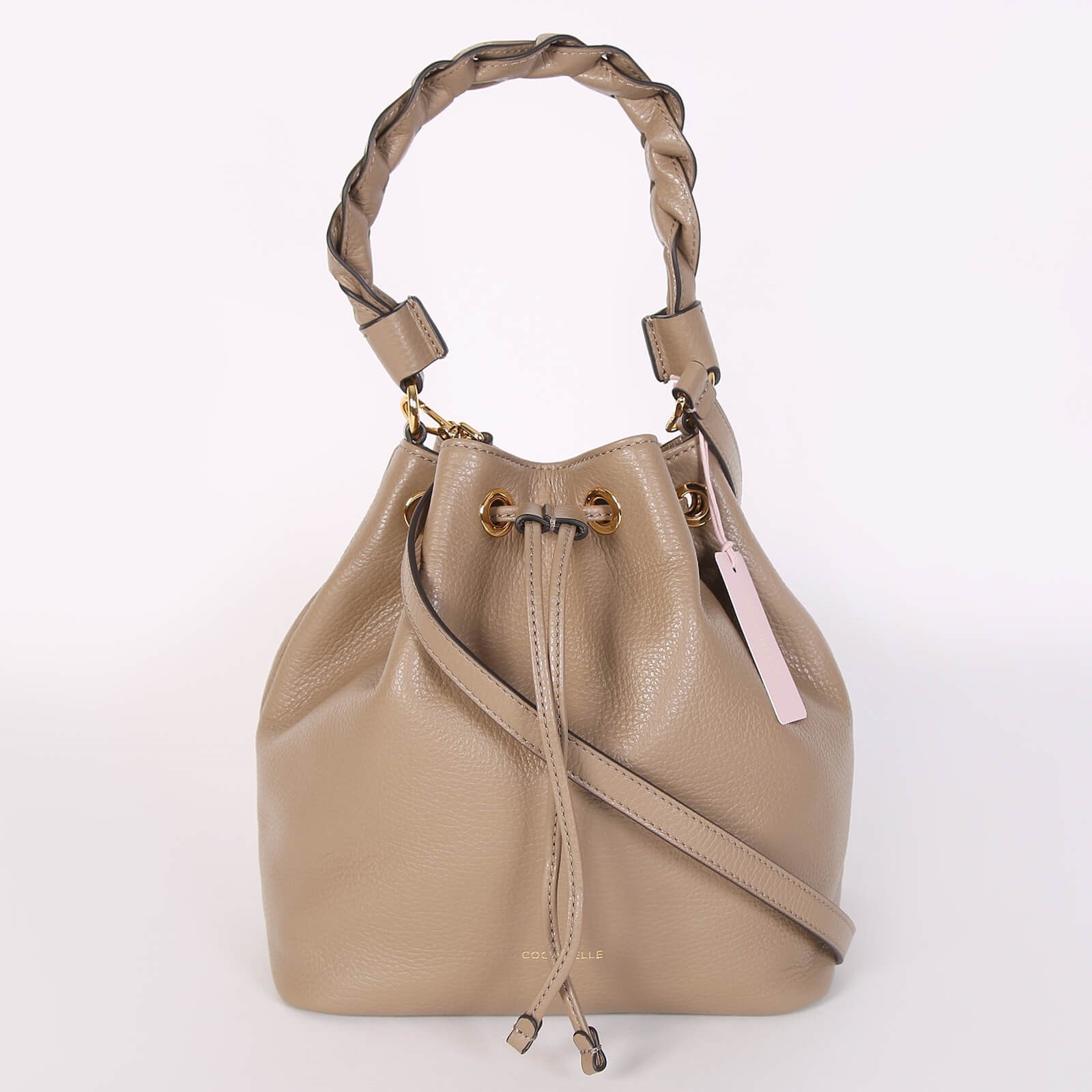 Coccinelle Grained Leather Bucket Bag Beige www.luxurybags.eu