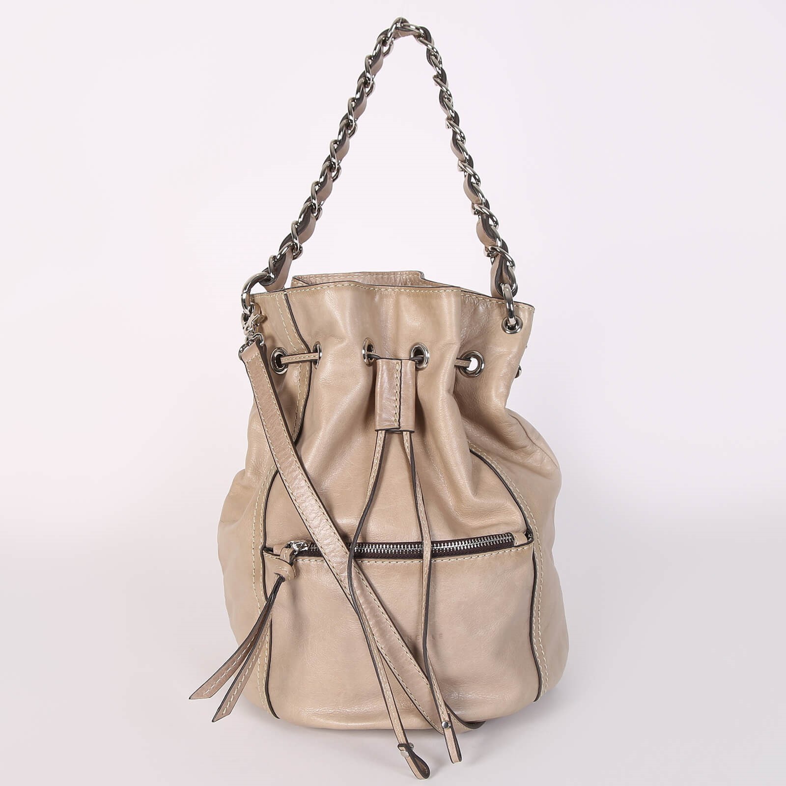 Coccinelle Chain Handle Leather Bucket Bag Light Beige www