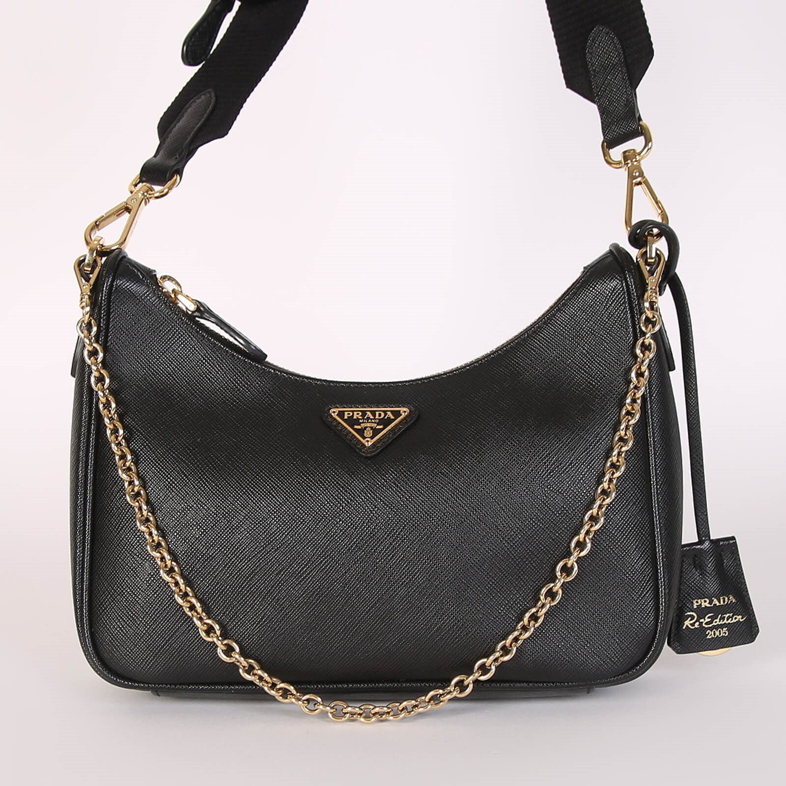 Prada Leather Cross Body Bag Black Gold Re-Edition 2005 Saffiano