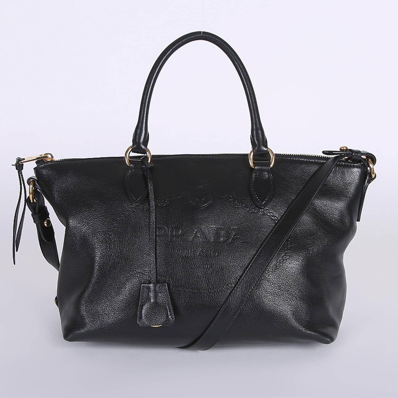 Prada Glace Calf Logo Embossed Top Handle with Strap Nero www.luxurybags.eu